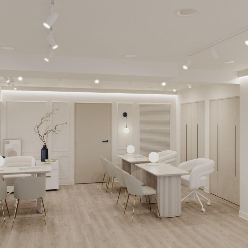 Office With three Athena Desks With White Travertine Surfaces and a Alabaster Matte Lacquer Finishes