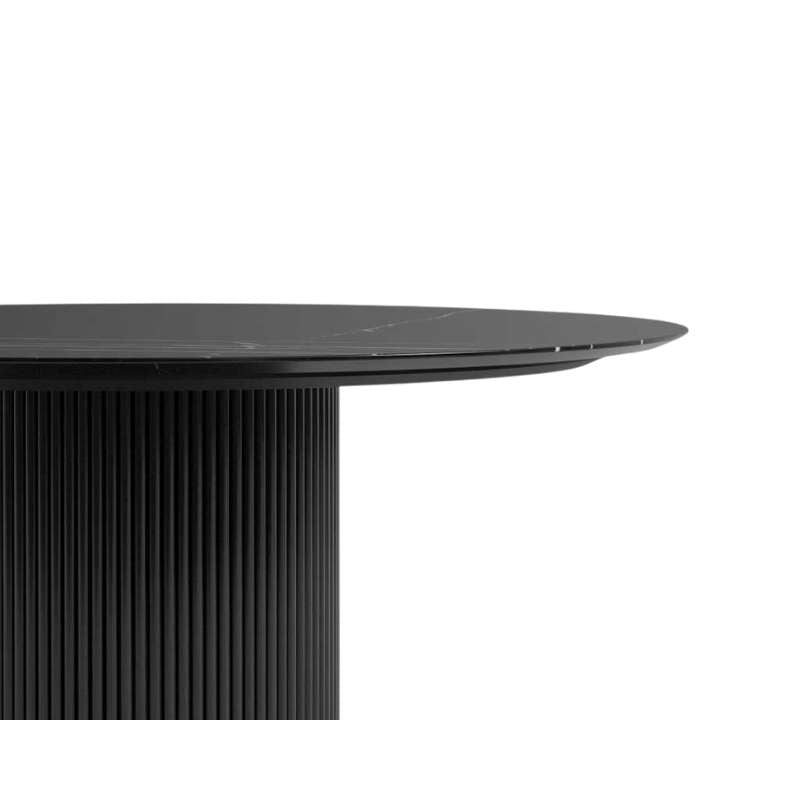 Close Up View of The Athena Dining Round Table In Black Marble and Ebony Wood Finish