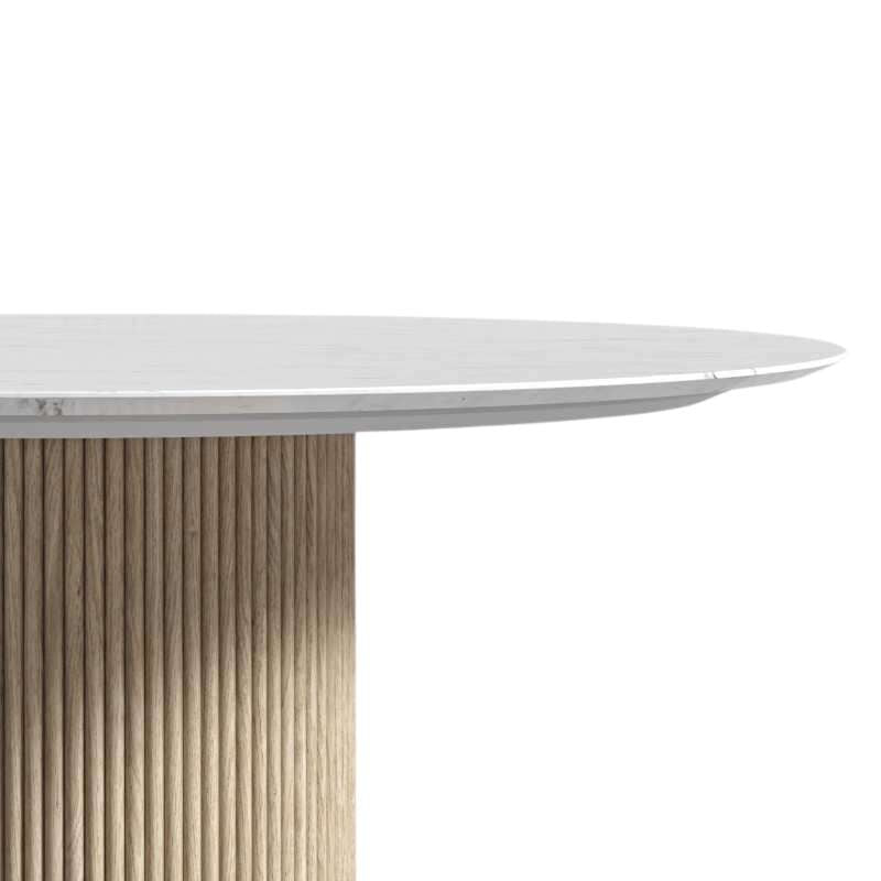 Close Up View of The Athena Dining Round Table In White Carrara Marble and White Ash Wood Finish