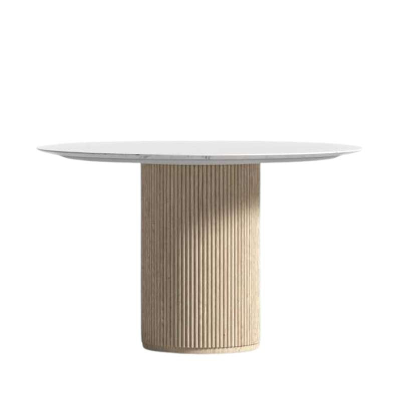 Front Facing View of The Athena Dining Round Table In White Carrara Marble and White Ash Wood Finish