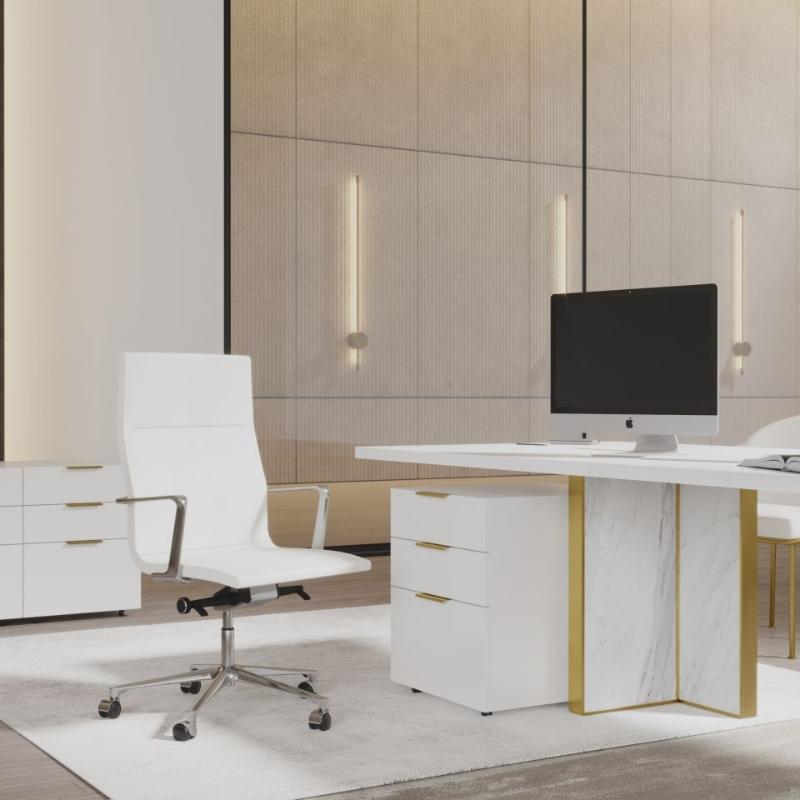 Close Up View of The Augustus Desk With a White Marble Base and a Glossy White Lacquer Desktop Finish in an Office Next to Chair