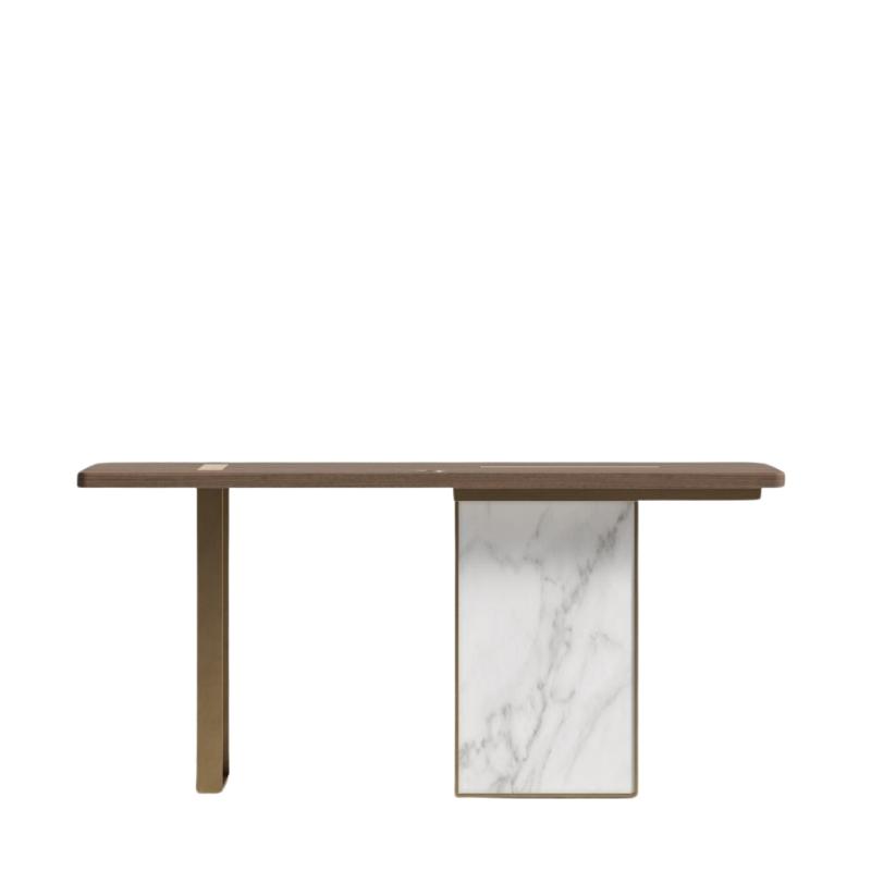 Front Facing View of The Augustus Desk With a White Calacatta Ceramic Base and a Walnut Veneer Desktop Finish