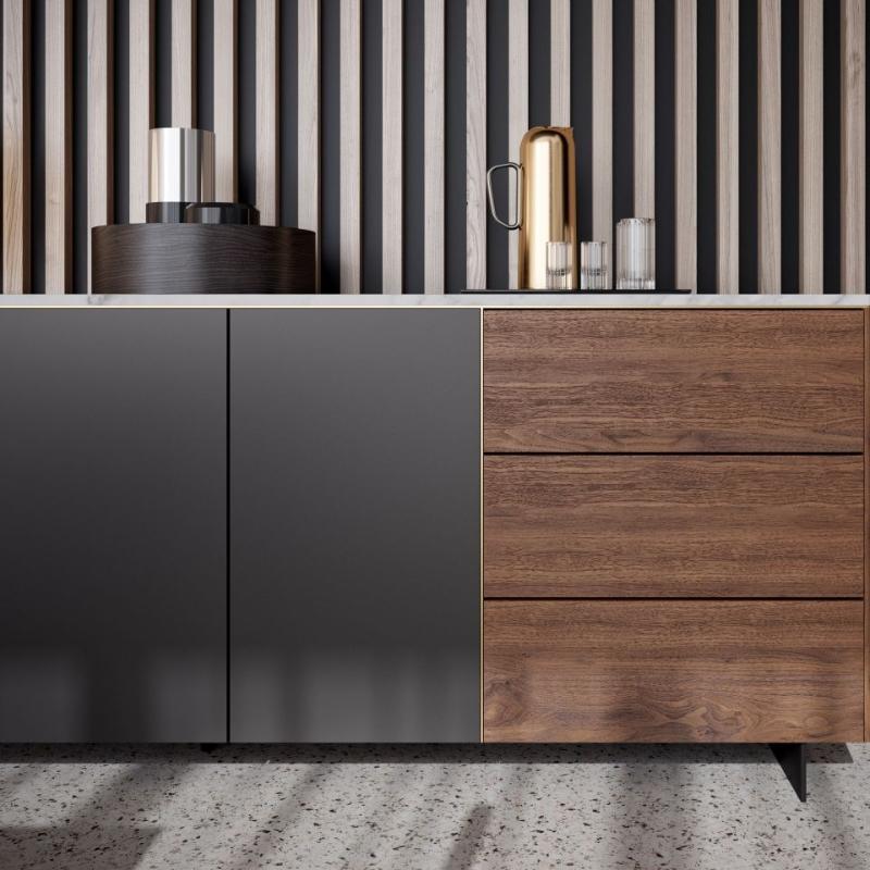 Close Up View of Walnut Drawers For The Augustus Sideboard With White Marble Surface