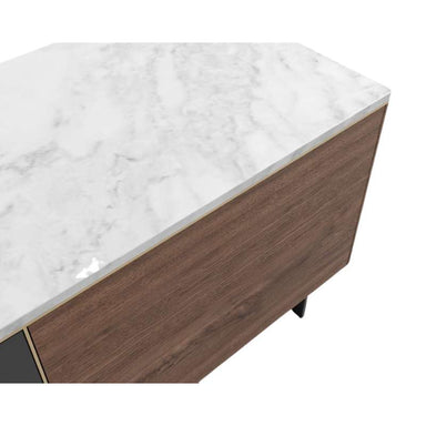 Right Corner View of The Augustus TV Stand With White Marble