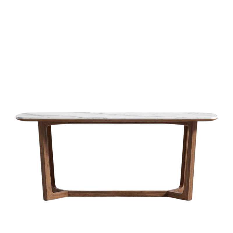 Front Facing View of The Evelyn Dining Table in White Calacatta Ceramic