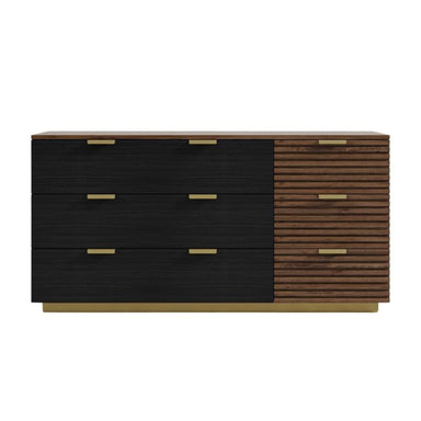 Front Facing View of The Georgio Wide Dresser in Walnut and Black Oak Veneer Finish