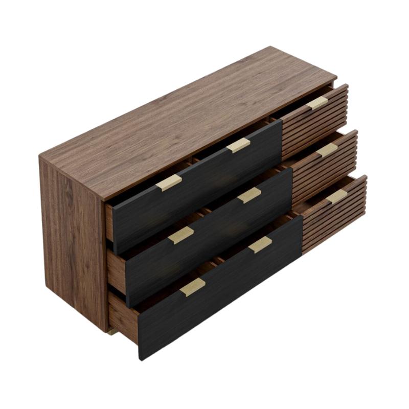 Top View of The Georgio Wide Dresser in Walnut and Black Oak Veneer Finish With Drawers Open