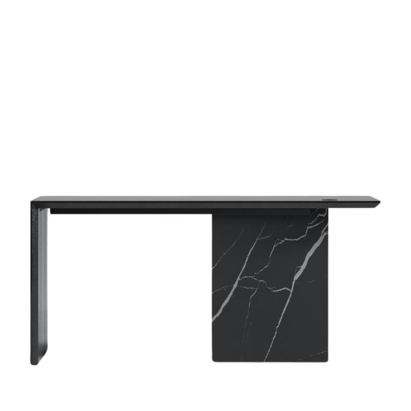 Front Facing View of The Gia Desk With Black Oak Veneer Finish and Black Pietra Ceramic Base