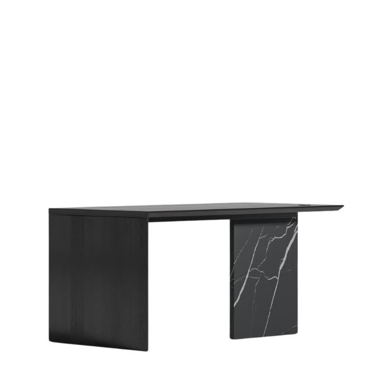 Angled Side View of The Gia Desk With Black Oak Veneer Finish and Black Pietra Ceramic Base