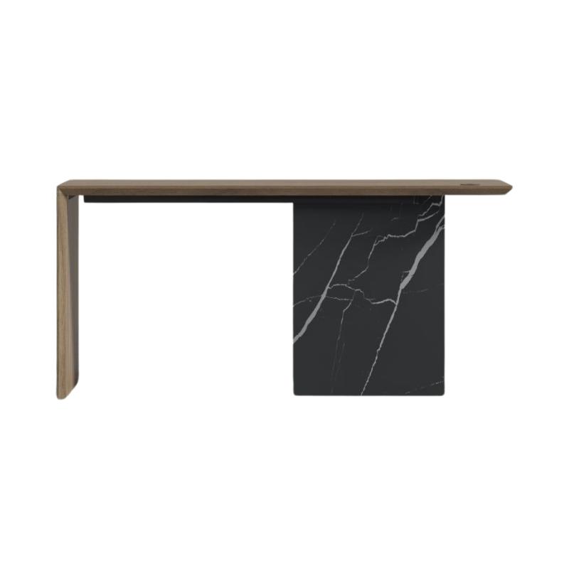 Front Facing View of The Gia Desk With Walnut Veneer Finish and Black Pietra Ceramic Base