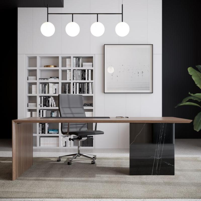 Front Facing View of The Gia Desk With Walnut Veneer Finish and Black Pietra Ceramic Base in an Office