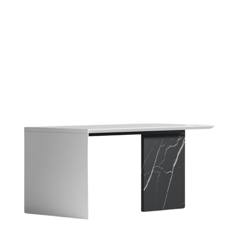 Angled Side View of The Gia Desk With Glossy White Lacquer Finish and Black Pietra Ceramic Base