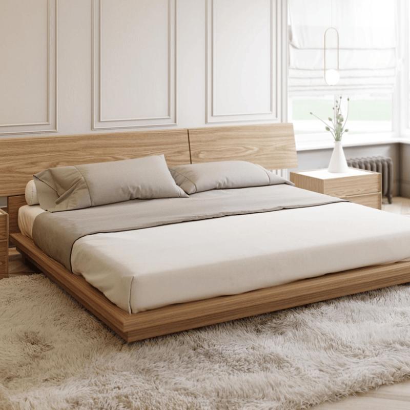 Angled View of The Hunter Bed With Ash Veneer Finish on Shag Rug in Bedroom