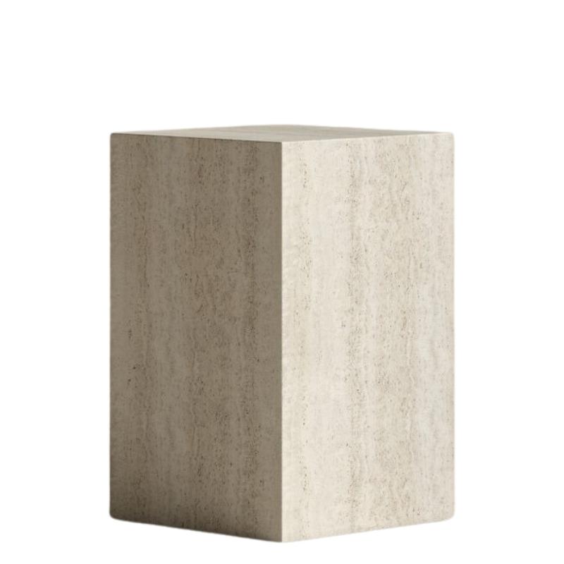 Angled View of The Liza Side Table (Black Label) in White Travertine