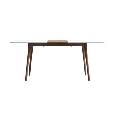 Front Facing View of The Marcus Dining Table in a White Lacquer With a Walnut Veneer Leaf Extension