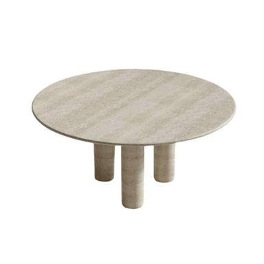 Top View of The Maximus Round Table With a White Travertine Surface