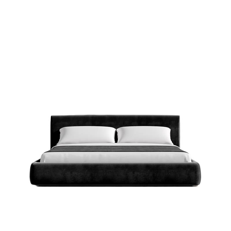 Front Facing View of The Ophelia Bed With Black Plush Velvet Fabric