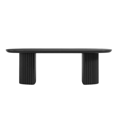 Front Facing View of The Osten Table in Black Lacquer Finish and Black Base