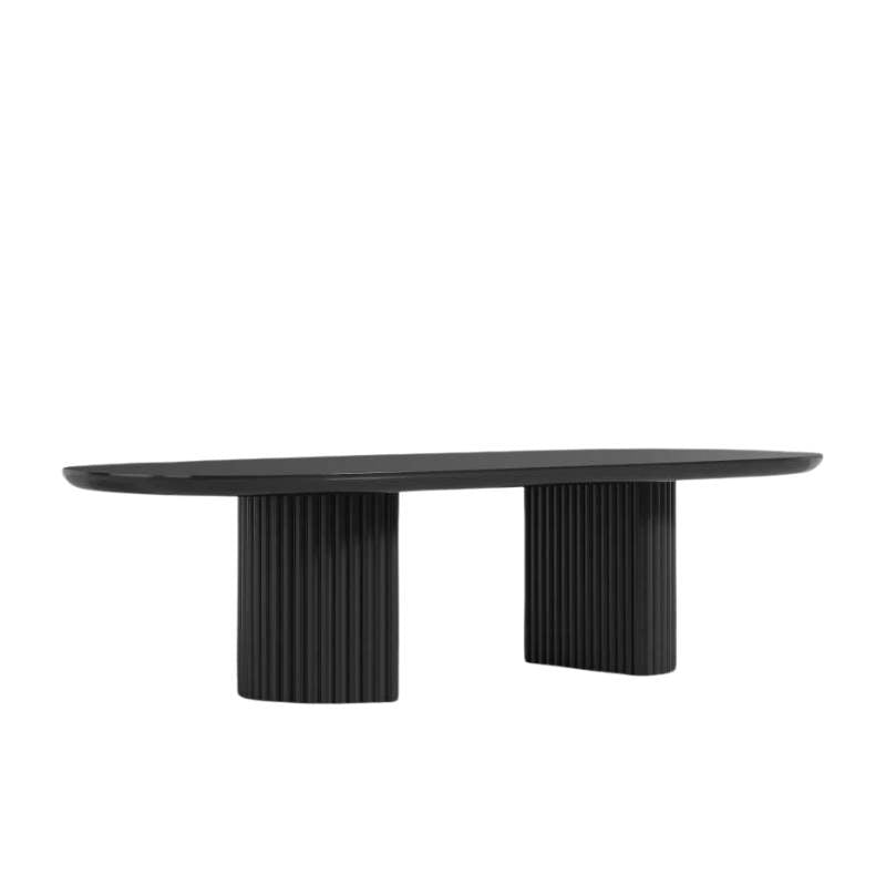 Angled Side View of The Osten Table in Black Lacquer Finish and Black Base