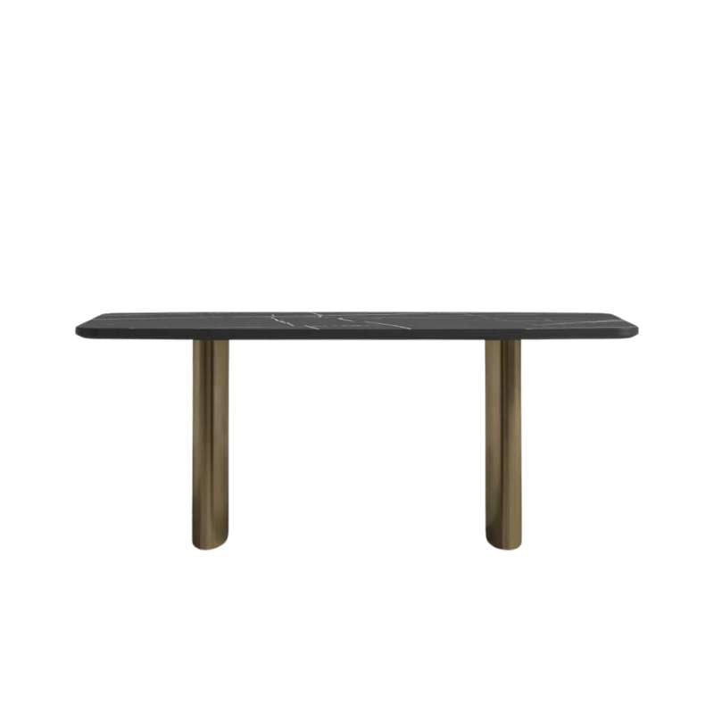 Front Facing View of The Solana Dining Table With a Black Pietra Ceramic Surface and Antique Brushed Brass Base