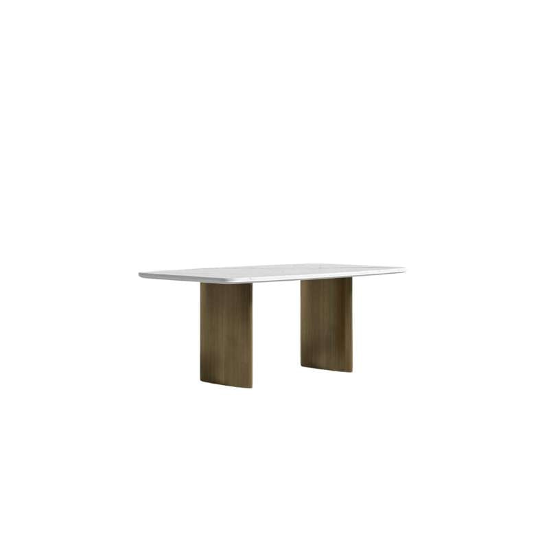 Angled Side View of The Solana Dining Table With a White Calacatta Ceramic Surface and Antique Brushed Brass Base