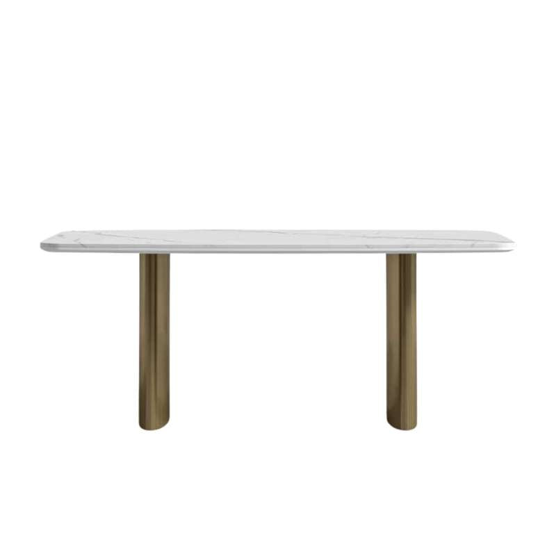 Front Facing View of The Solana Dining Table With a White Calacatta Ceramic Surface and Antique Brushed Brass Base