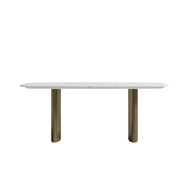 Front Facing View of The Solana Dining Table With a White Calacatta Ceramic Surface and Antique Brushed Brass Base