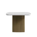 Side Facing View of The Solana Dining Table With a White Calacatta Ceramic Surface and Antique Brushed Brass Base