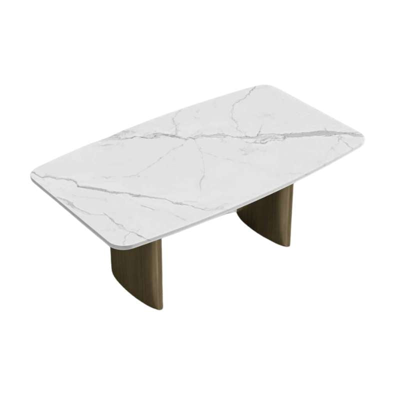 Top View of The Solana Dining Table With a White Calacatta Ceramic Surface and Antique Brushed Brass Base