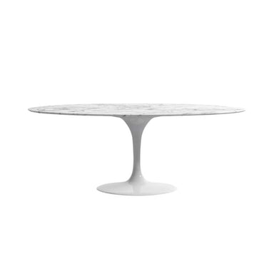 Front Facing View of The Tulip Table Oval in White Carrara Marble