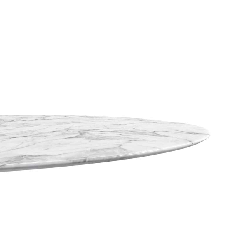 Close Up View of The Tulip Table Oval in White Carrara Marble