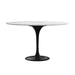 Front Facing View of The Tulip Table Round With White Carrara Marble Surface and Black Base