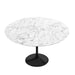 Top View of The Tulip Table Round With White Carrara Marble Surface and Black Base