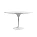 Front Facing View of The Tulip Table Round With White Carrara Marble Surface and White Base