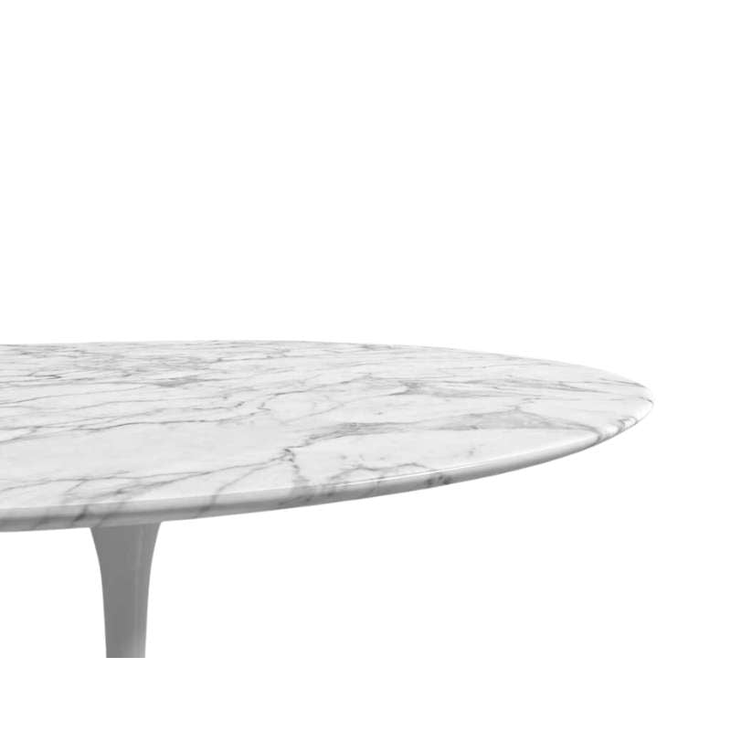 Close Up View of The Tulip Table Round With White arrara Marble Surface and White Base