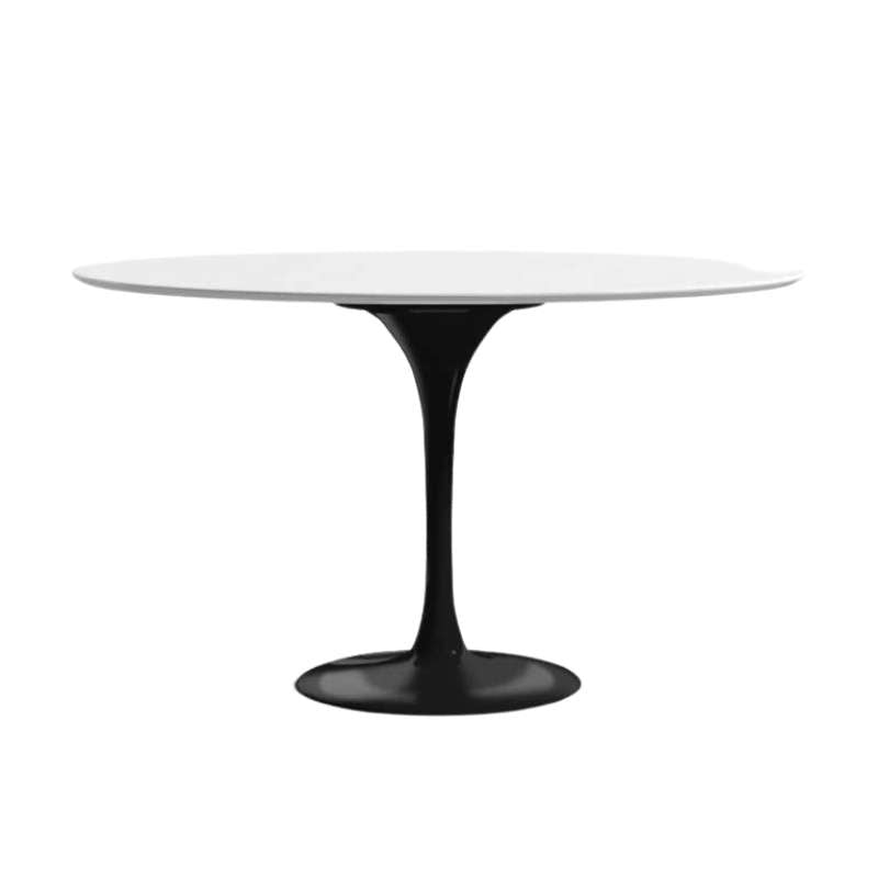 Front Facing View of The Tulip Table Round in White Lacquer Surface and Black Base