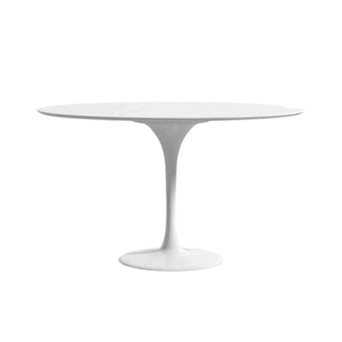 Front Facing View of The Tulip Table Round in White Lacquer Surface and White Base