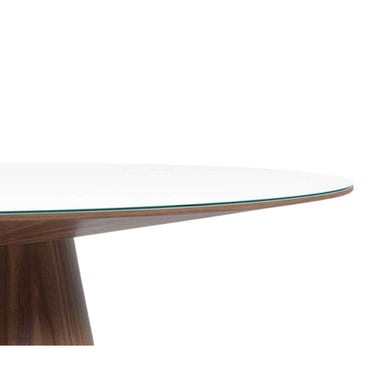 Close Up View of The Winston Dining Table 63 inch in High Gloss White Lacquer Surface and Walnut Veneer Base