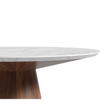 Close Up View of The Winston Dining Table 48 Inch With White Marble Surface and Walnut Veneer Finish