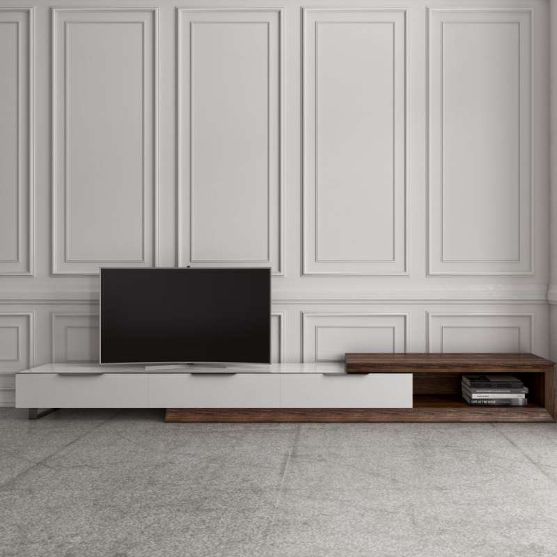 View of The Winston Media Console Walnut Veneer With a TV on Top Of It