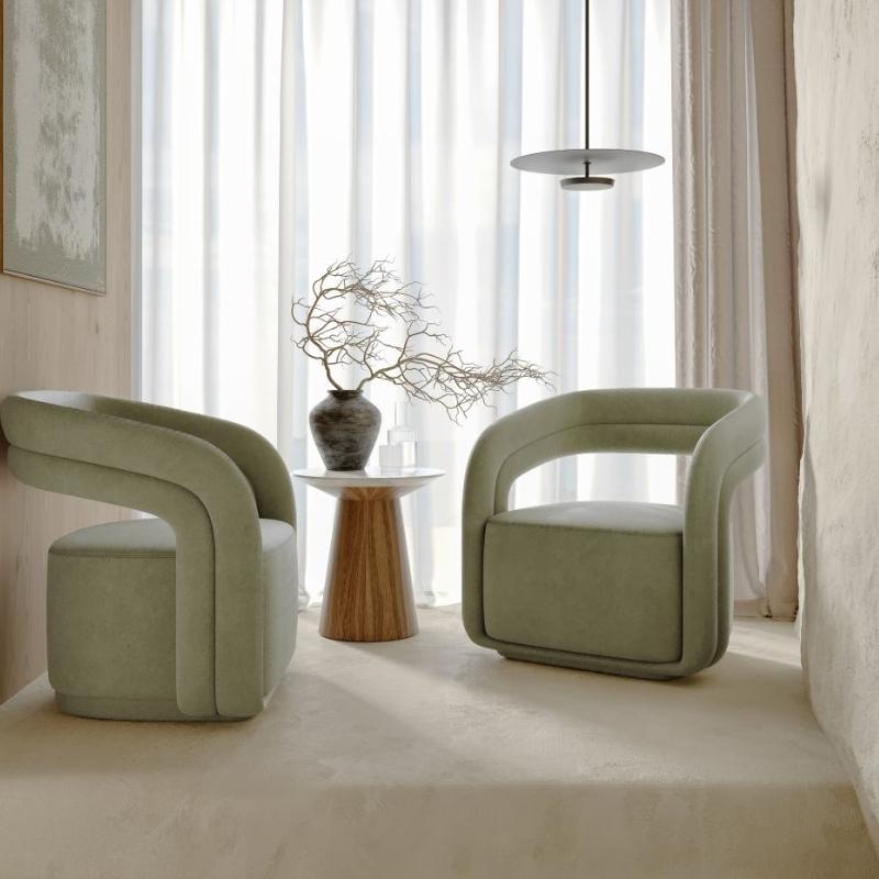 The Winston Side Table Walnut Veneer With White Marble Top In Between Two Chairs in a Hallway