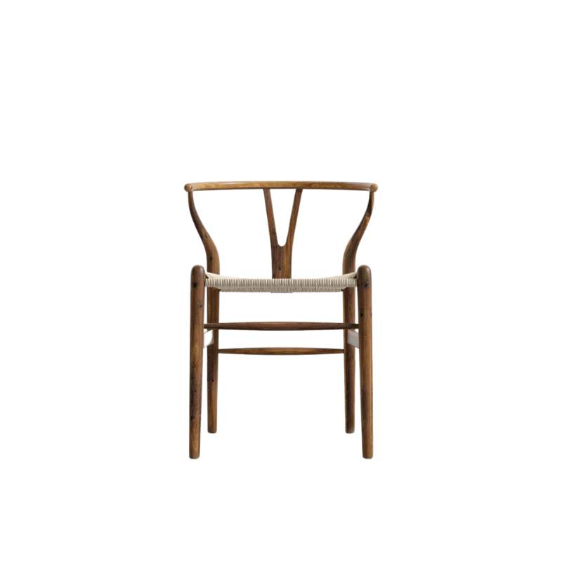 Front Facing View of The Wishbone Chair in Natural Seat Cord and Walnut Stain Wood Finish